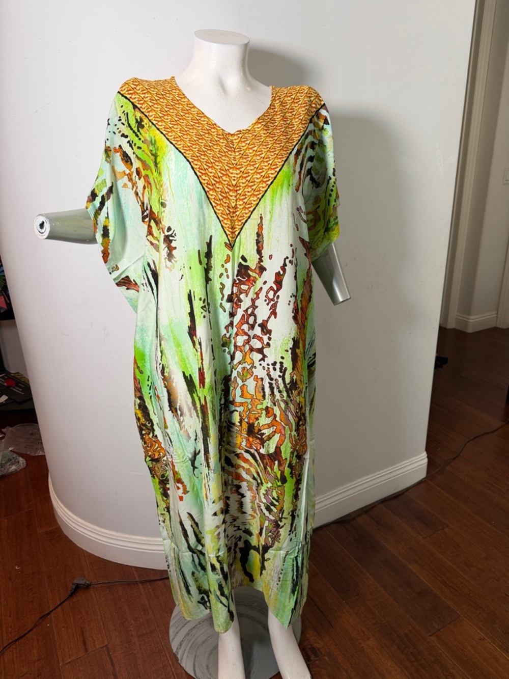 Bohemian Abstract Print Caftan Orange V-Neck Muumuu Maxi Dress Beach Summer Boho